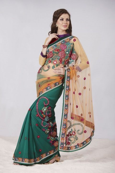 Charming Apricot And Bottle Green Embroidered Saree