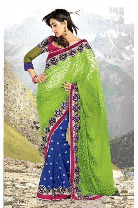 Contemporary Aloe Vera Green And Navy Blue Embroidered Saree