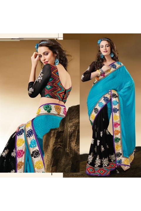 डिवाइन ब्लैक एंड टील ब्लू एम्ब्रॉयडरी वाली साड़ी