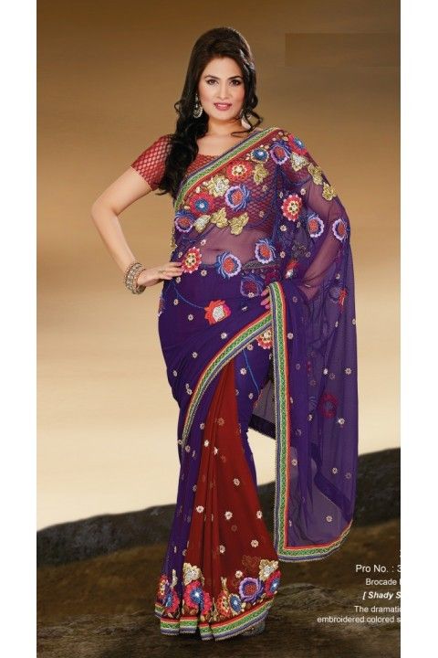 Gorgeous Brick Red And Deep Purple Embroidered Saree