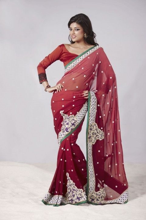 Melodic Brick Red Embroidered Saree