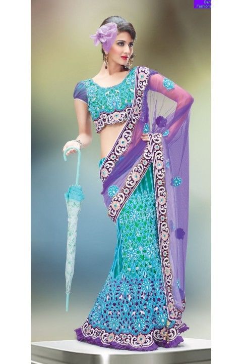 Purple and Turquoise Net Lehenga Style Saree with Blouse