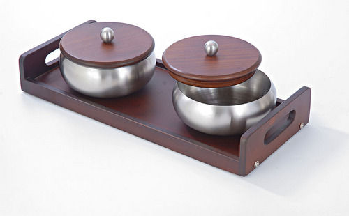 Wooden Tray With 2 Steel Bowls