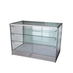 Glass Display Counter - 100x45x90CM, Normal or Tempered Glass Options, Silvery, Black, Golden Colors, Two Shelves, Six 20W Lights, Sliding Lockable Door