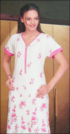 White And Pink Fancy Nighty (N-2984)