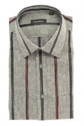 Red and Black Stripes Over Grey Chambray Linen Shirt