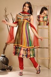 Gold And Red Dupion Silk Churidar Kameez