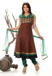 Green And Mustard Net Churidar Kameez