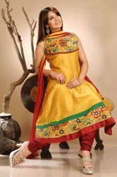 Mustard And Red Dupion Silk Churidar Kameez