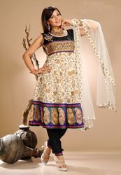 Off White And Black Brocade Churidar Kameez