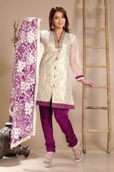 Off White And Magenta Brocade Churidar Kameez