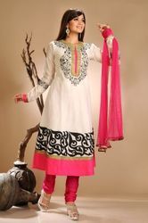 Off White And Pink Cotton Silk Churidar Kameez