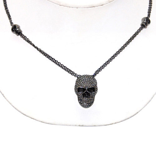 Pave Diamond Skull Silver Chain Necklace