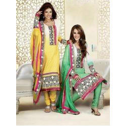 Yellow And Pista Green Party Wear Dress Material