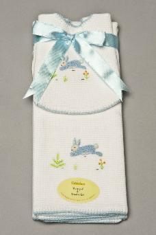 Blue On White Sweet Bunny Bib and Burp