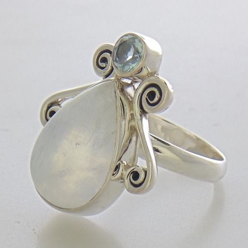 Gorgeous Rainbow Moonstone And Blue Topaz Sterling Silver Handmade Rings