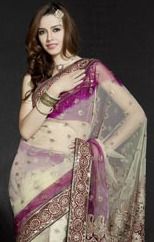 Off White And Magenta Net Saree