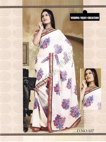 White Chiffon Printed Sarees