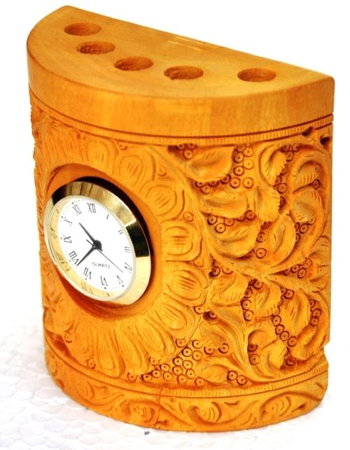 Carved Wooden Pen Stand With Watch