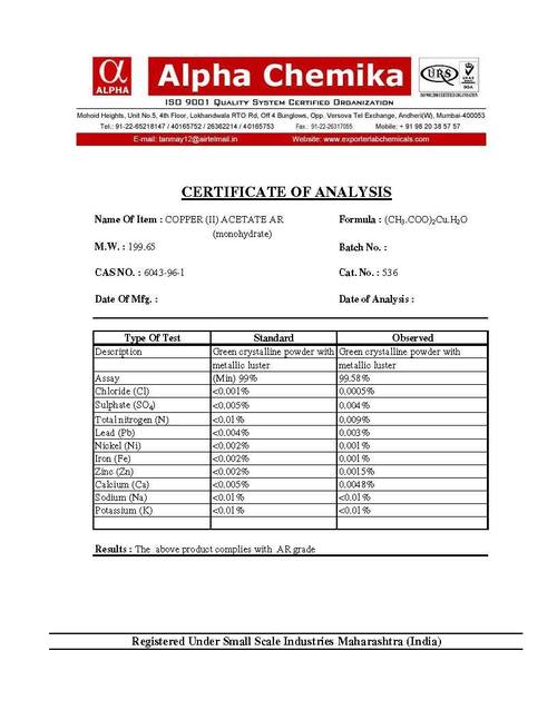 Cupric Acetate (Monohydrate) Ar