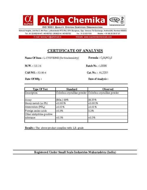 L-Cysteine - Biochemical Grade, Premium Quality Ingredients for Laboratory Applications