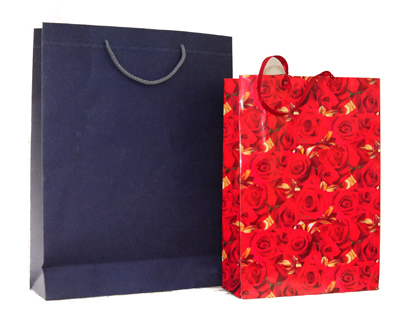 नीले और लाल रंग के पेपर बैग