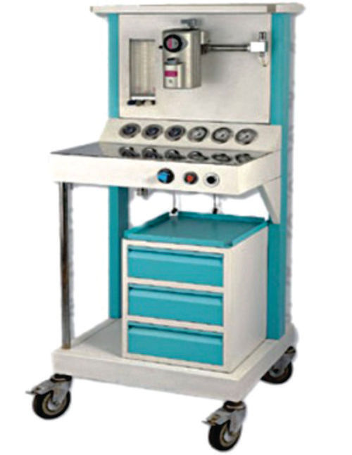 Anaesthesia Machine - Stainless Steel Top Tray, 100 cc/min. to 10 Litres/min. Oxygen Flowmeter Range, Emergency Flush Valve, High-efficiency Regulators for Reliability, Non-return cum Pressure Relief Valve, Extended Platform for Two 'B' Type Cylinders, Parking Space for Two Additional Vaporizers, Four Castor Trolley with Lockable Wheels, Provision to Fit Ventilator and Carbon Dioxide Absorber