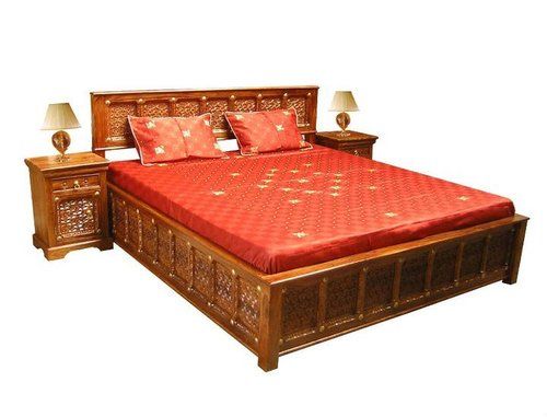 Hand Carved Panel Storage Teak Wood Wooden Bed With 2 Bed Side Tables