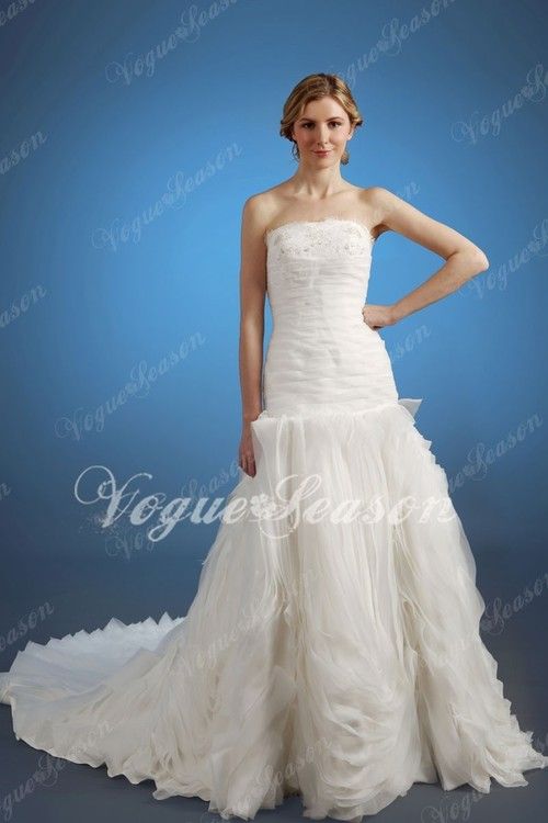 Strapless Draped Court Train Organza Wedding Gown