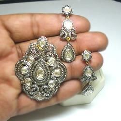 Diamond Studded Pendant Set - Silver with Kundan, Polki, and Diamond Stones | Long Lasting, Defect Free, Durable Finish