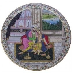 Marble Round Plate Mughal Raja And Rani Painting