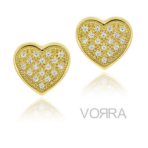 Sterling Silver 14 KT Gold Over White CZ Heart Stud Earring