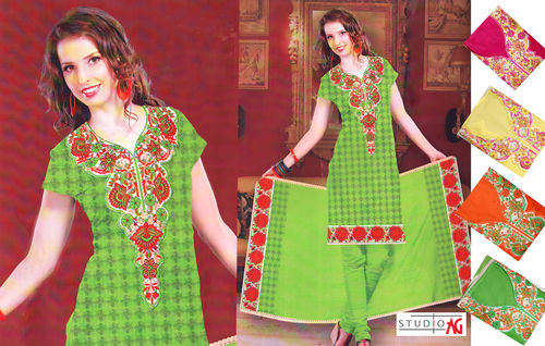 Parrot Green Resham Weaving Cotton Suit