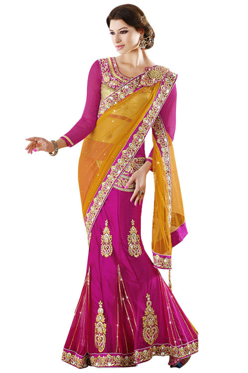 Pink And Mustered Exotic Partywear Lehenga Saree