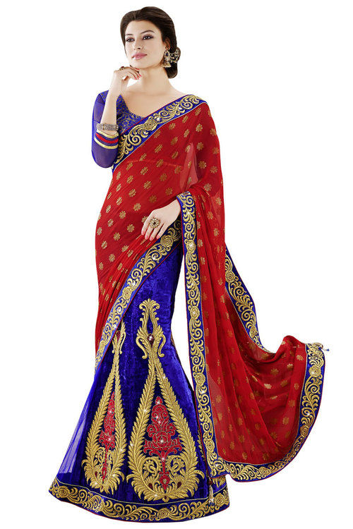 Royal Blue Designer Velvet Lehenga Saree