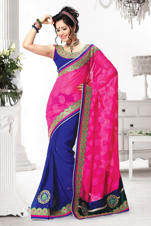 Alluring Pink And Cobalt Blue Saree With Fancy Lace Border And Patch Work