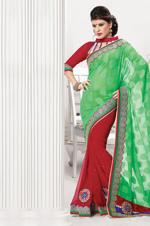 Butta Deep Medium Sea Green And Maroon Color Party Wear Patch Work Saree