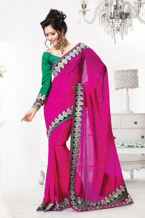 Chic Dark Pink And Green Color Embroidered Saree