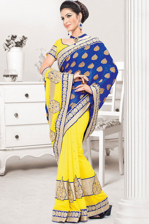 Classy Pale Cobalt Blue And Yellow Color Party Wear Saree