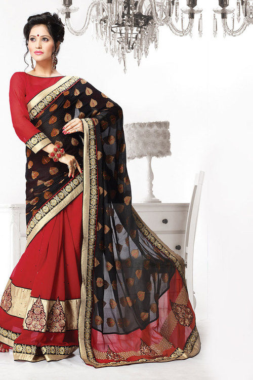 Tantalizing Black And Cherry Color Patch Work Saree