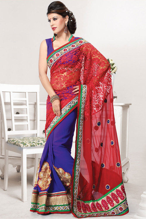 Tranquil Maroon And Cobalt Blue Heavy Embroidered Saree