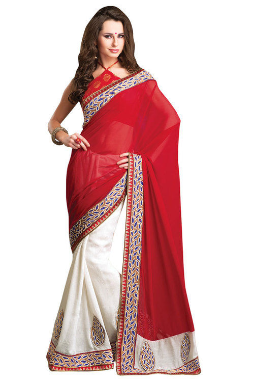 Off White And Red Color Traditional Embroidered Saree