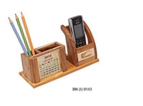 Wooden Pen And Mobile Stand - Wood, 10x5x4 Inches, Brown | Integrated Calendar, Multifunctional, Elegant Design, Durable