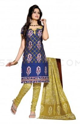 Printed Blue And Lemon Green Un-Stitched Salwar Suit