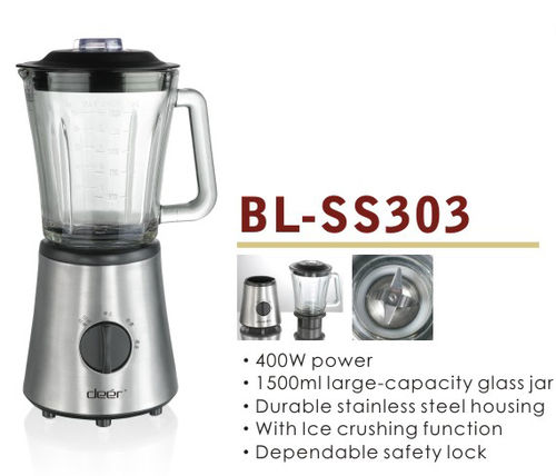 Electric Blender - 400W Power, 1500ml Large Capacity Glass Jar | Fashionable Design, Stainless Steel Housing, Ice Crushing Blade, Safety Lock, Six Stable Rubber Feet