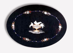 Indian Beautiful Black Marble Inlay Oval Shape Dining Room Table 