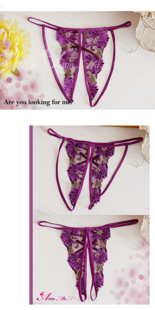 Violet Lace Chrysanthemum Embroidery Crotchless Thong