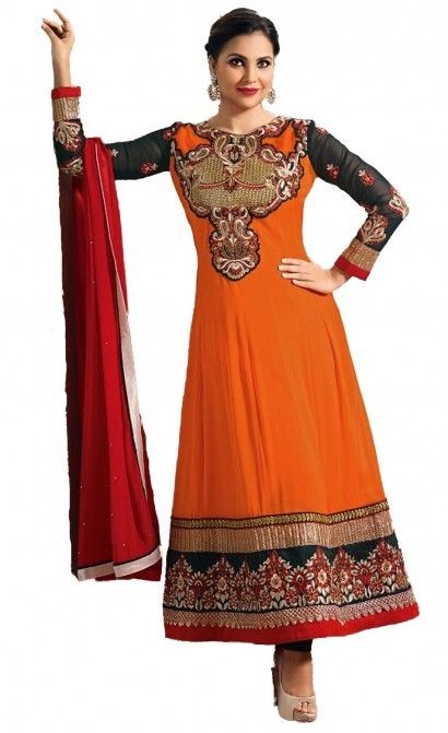 Orange Georgette Semi Stitched Designer Suit