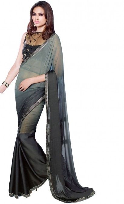 Aparnaa Grey And Black Georgette And Satin Saree With Fancy Lace Border