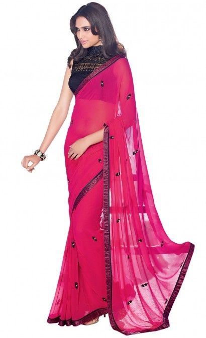 Aparnaa Shocking Pink Georgette Saree With Fancy Fabric Lace Border